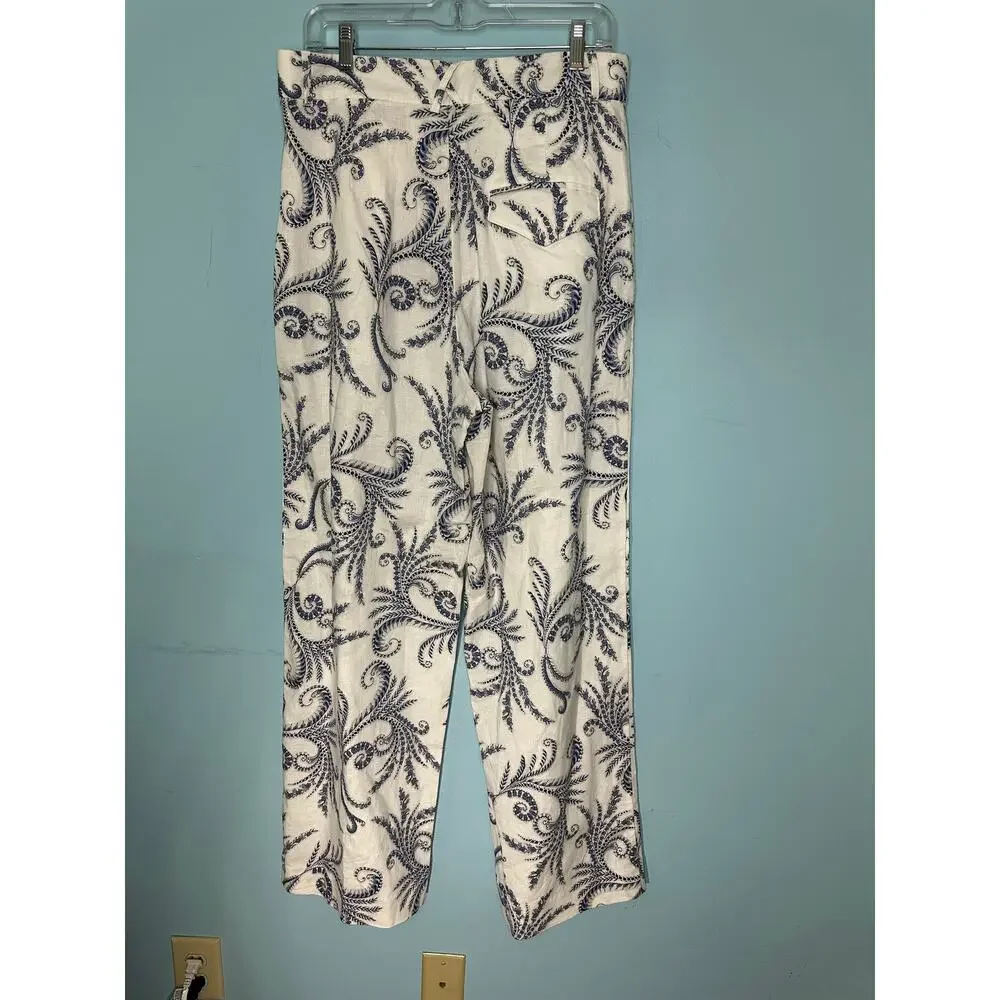 Banana Republic wide-leg pants linen-blend blue paisley Size 12 NWT